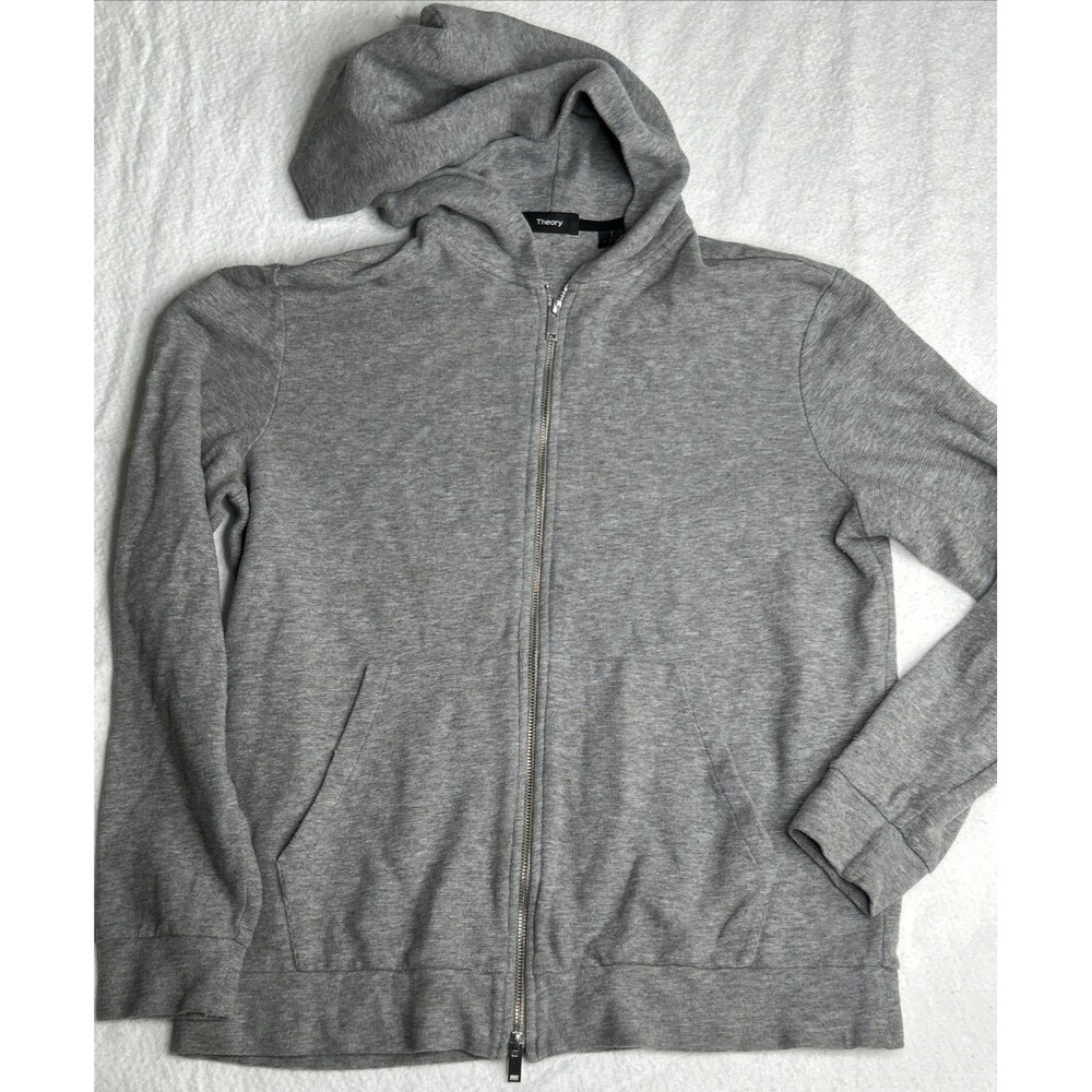 Theory Ridge Waffle Hoodie Sweatshirt Zip Up Mens Large Grey Long Sleeve Pockets